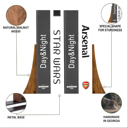 TILISMA Walnut Bookends for Shelves | Wooden Book Ends for Shelves | Sturdy Book Holders, Stoppers with Metal Base for Bookshelves | Slick Decorative Bookends Stands Firmly on Bookshelf (4 Pair)