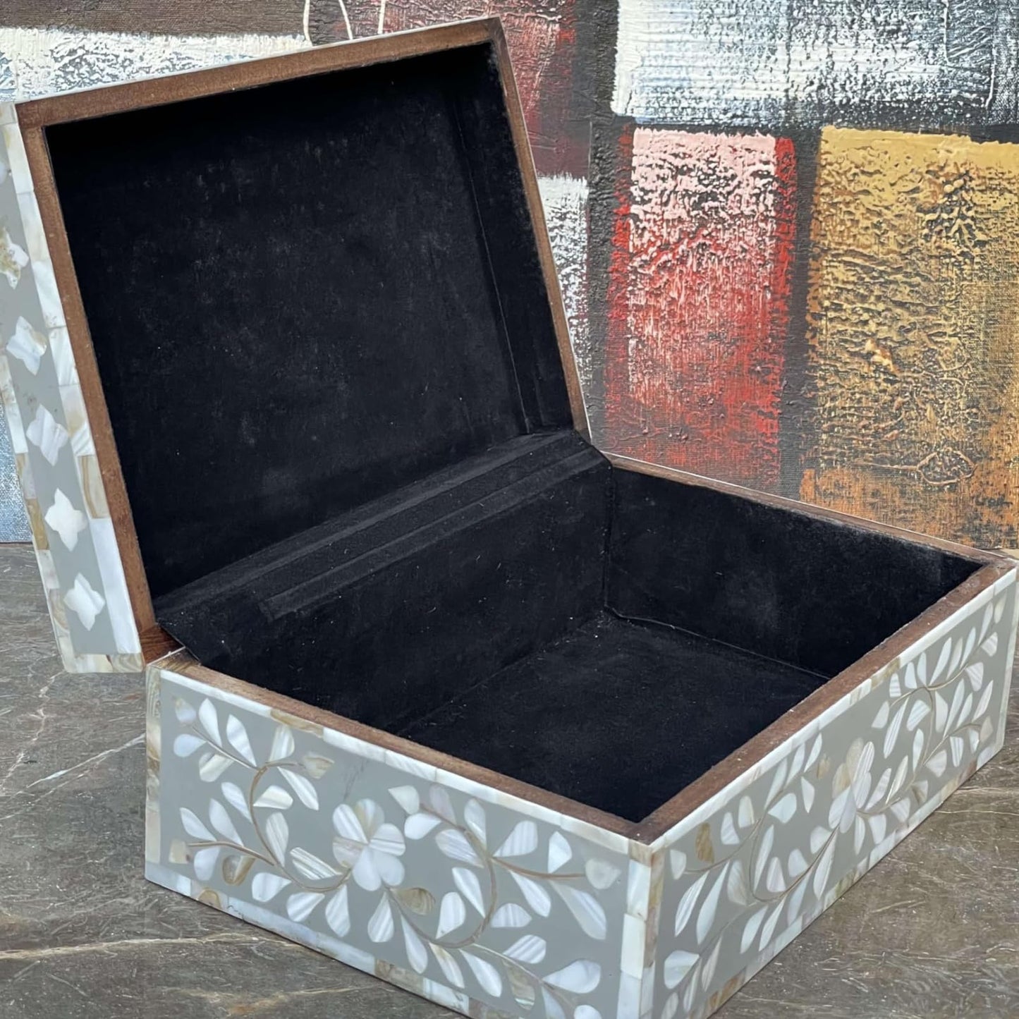 HANDMADE ENTARO Decorative Wooden Storage Box with Mother of Pearl Inlay – Elegant Floral Design – Perfect for Home Décor in Living Room, Dining Area, or Bedroom (Grey, 12x8x5 inches)