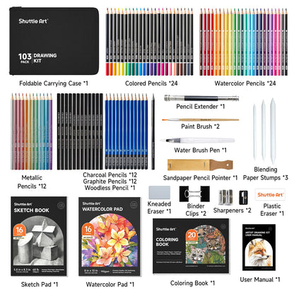 Shuttle Art 103 PCS Drawing Kit, Professional Drawing Supplies with Sketch, Charcoal, Colored, Graphite, Pastel Pencils & Sticks, Complete Drawing Tools and Paper Pads in Zipper Case for Artists&Kids