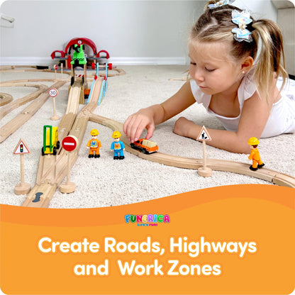 Wooden Traffic Signs & Community Helper Figures Toy Set – Includes Police, City & Construction Workers, Road Signs & Traffic Lights – Works with Train Tracks, Toy Cars, Play Rugs & Mats – Ages 3–10