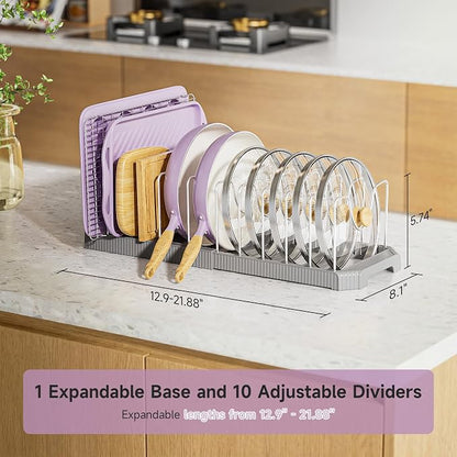 MUDEELA Pots and Pans Organizer under Cabinet, Expandable Rack with Pot Lid Holder and 12 Adjustable Dividers, Pan Organizers inside Cabinet for Kitchen Organization, Cutting Boards, Baking Sheets