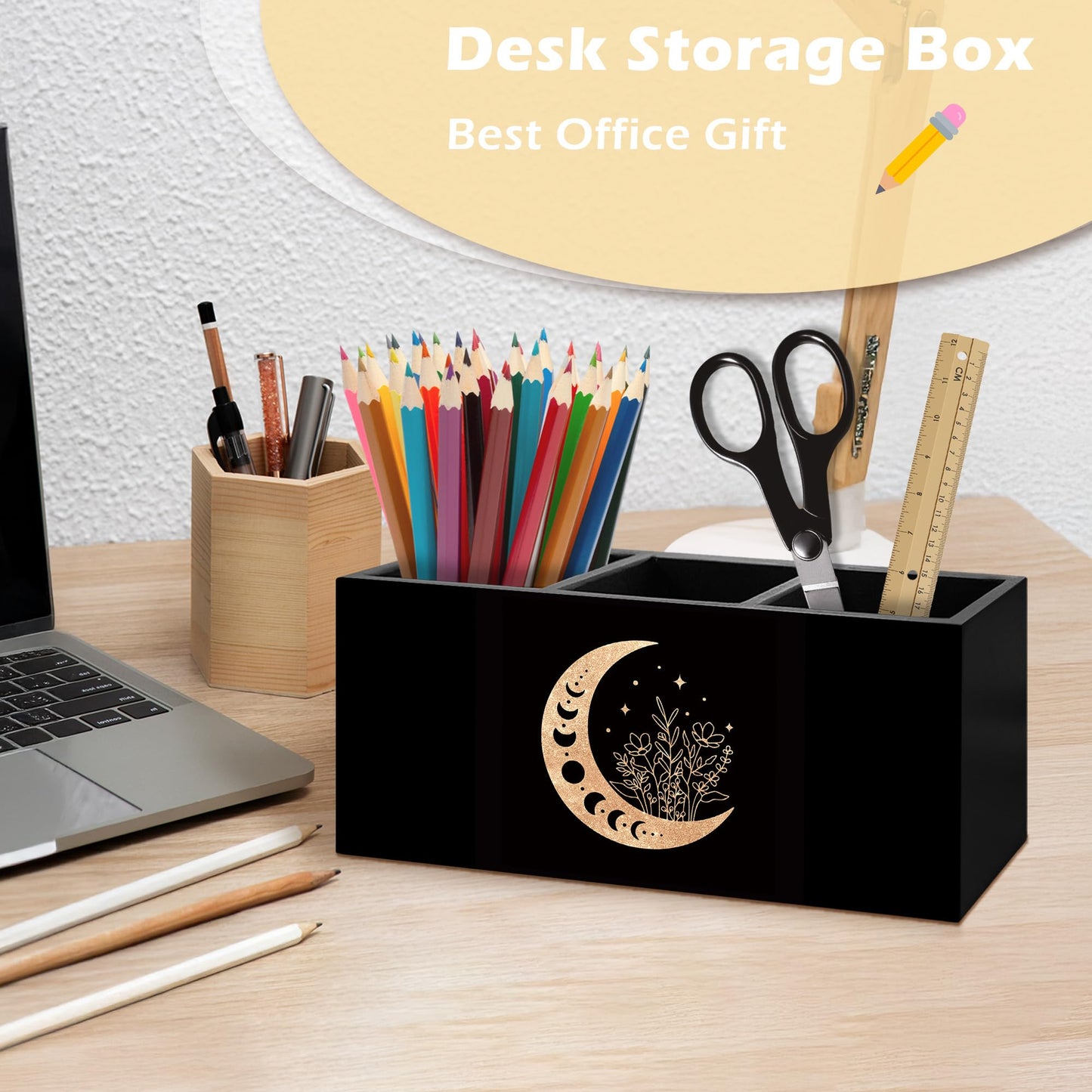 ANIANG Witchy Floral Moon Pen Holder Organizer Desk Decor, Witchy Room Decor, Boho Black Gold Celestial Crescent Moon Phase Wooden Pen Pencil Holders for Home Office Desk Accessories