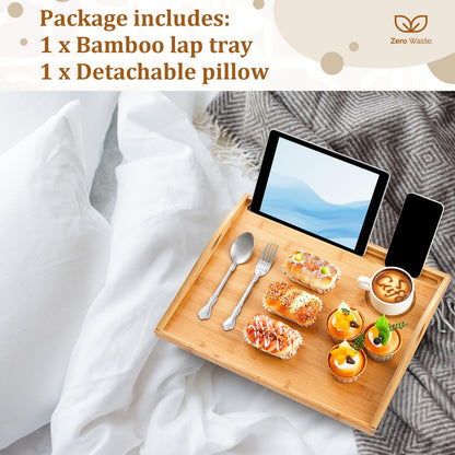 Pickmesh 1 Pcs Bamboo Lap Tray with Detachable Pillow Wood Bed Food Trays with Cushion 16.9 x 13 Inch for Adults Elderly Eating Food Breakfast Dinner in Recliner (Wood Color)