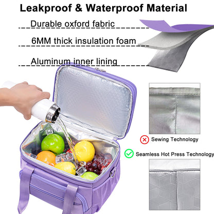 Weitars Insulated Lunch Box for Women Men-Dual Compartment Waterproof Reusable Large Lunch Bag Wide-Open Tote Cooler Bag For Working Picnic Hiking (15L) (Purple)