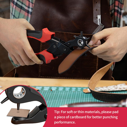 Revolving Punch Plier Kit, XOOL Leather Hole Punch Set for Belts, Watch Bands, Straps, Dog Collars, Saddles, Shoes, Fabric, DIY Home or Craft Projects, Heavy Duty Rotary Puncher, Multi Hole Sizes Make