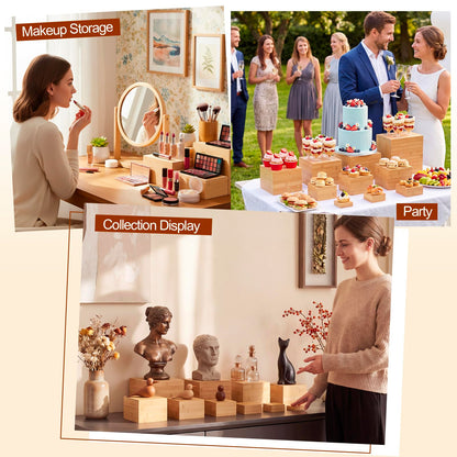 Fiwochic 10 Pcs Bamboo Buffet Risers, 9.8'' 8.8'' 7.9'' 6.9'' 5.9'' 4.9'' 4'' 3'', Large Food Risers for Buffet Table, Cake Display Stand Cube Box for Wedding Party Catering Dessert Jewelry Home Decor