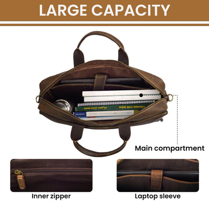Mens Full Grain Leather Briefcase Fits 16 Inch Laptop, Leather Laptop Messenger Shoulder Satchel, Vintage Professional Work Office Bag - Brown