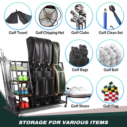 Sttoraboks 3 Golf Bags Storage Garage Organizer, Golf Bag Rack Fits 3 Golf Bags and Golf Equipment Accessories, Golf Club Storage Stand with Wooden Shelf and Lockable Wheels for Garage Indoor Basement