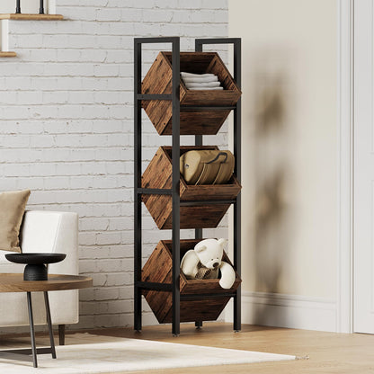 LITTLE TREE 3-Tier Basket Stand, Wooden Floor Stand Shelving Unit, Standing Organizer Storage Rack for Kitchen, Bathroom, Living Room (Rustic)