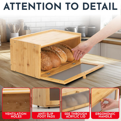 Culinary Couture Bamboo Bread Box for Kitchen Countertop - Large Capacity Storage BreadBox for Homemade Bread with Acrylic Window and Extra Top Storage