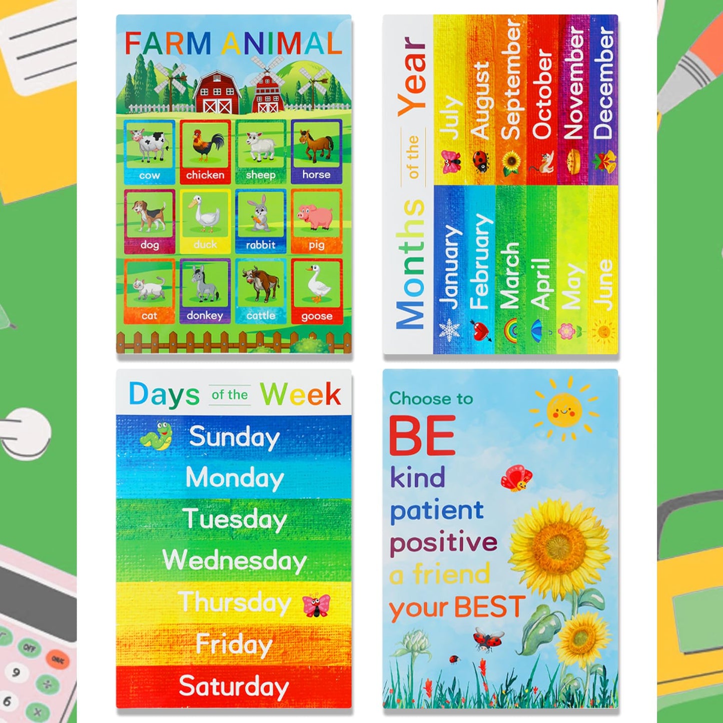 Educational Posters for Elementary Preschool Kindergarten Classroom Learning, Preschool Learning Posters for ABC Alphabet, Time, Number, Months,Colors, Weather, Animals, More, 16.5x11 Inch (12P Style B)
