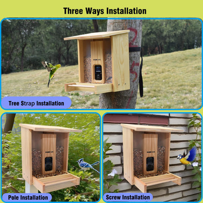IMOCAM Smart Wooden Bird Feeder with Camera-Solar Power,Bird AI Identifier,1080p HD,5200mAh Battery,3.5L Extra Large,Twin Seed Bins