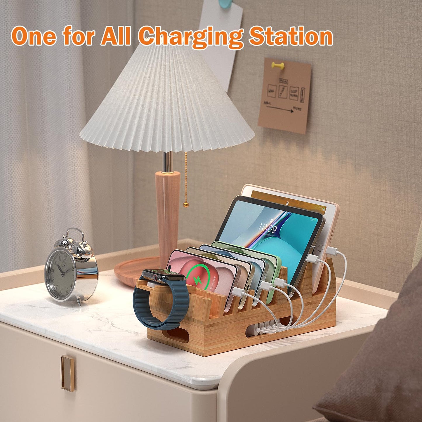 Pezin & Hulin Bamboo Charging Station Holder with 5 Port USB Charger, 5 x Charge Cables, Watch Stand, Wood Docking Stand Electronic Organizer for Multiple Devices, Phones, Tablets and More