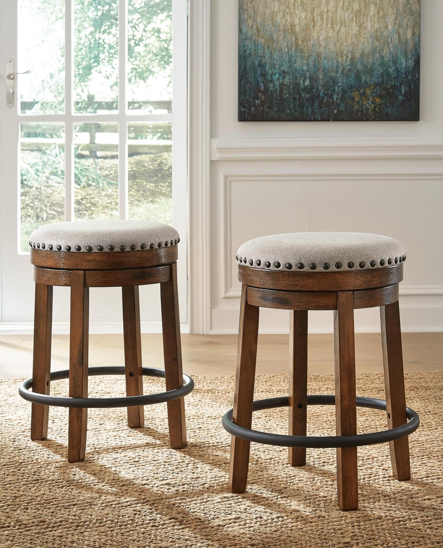 Signature Design by Ashley Valebeck Upholstered Swivel Stool, Cushioned Seat, Woven Fabric Upholstery, Wood, 24" H, Brown & Black
