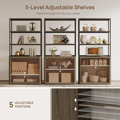SICOTAS Book Shelf Fluted Bookshelf 71" Tall Bookcase with Doors Storage 5 Tier Mid Century Modern Bookshelves Large Shelves Metal Book Cases for Living Room Office Kitchen Library