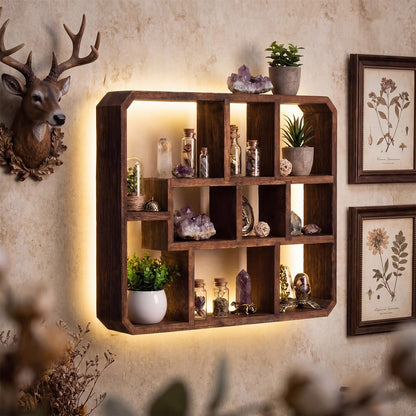 Pinkunn LED Rustic Shadow Box Display Shelf with Lights, 9 Compartments Wood Hanging Display Floating Shelves, Multi-Slot Wall Mounted or Freestanding Farmhouse Decor Displays Case for Collectibles