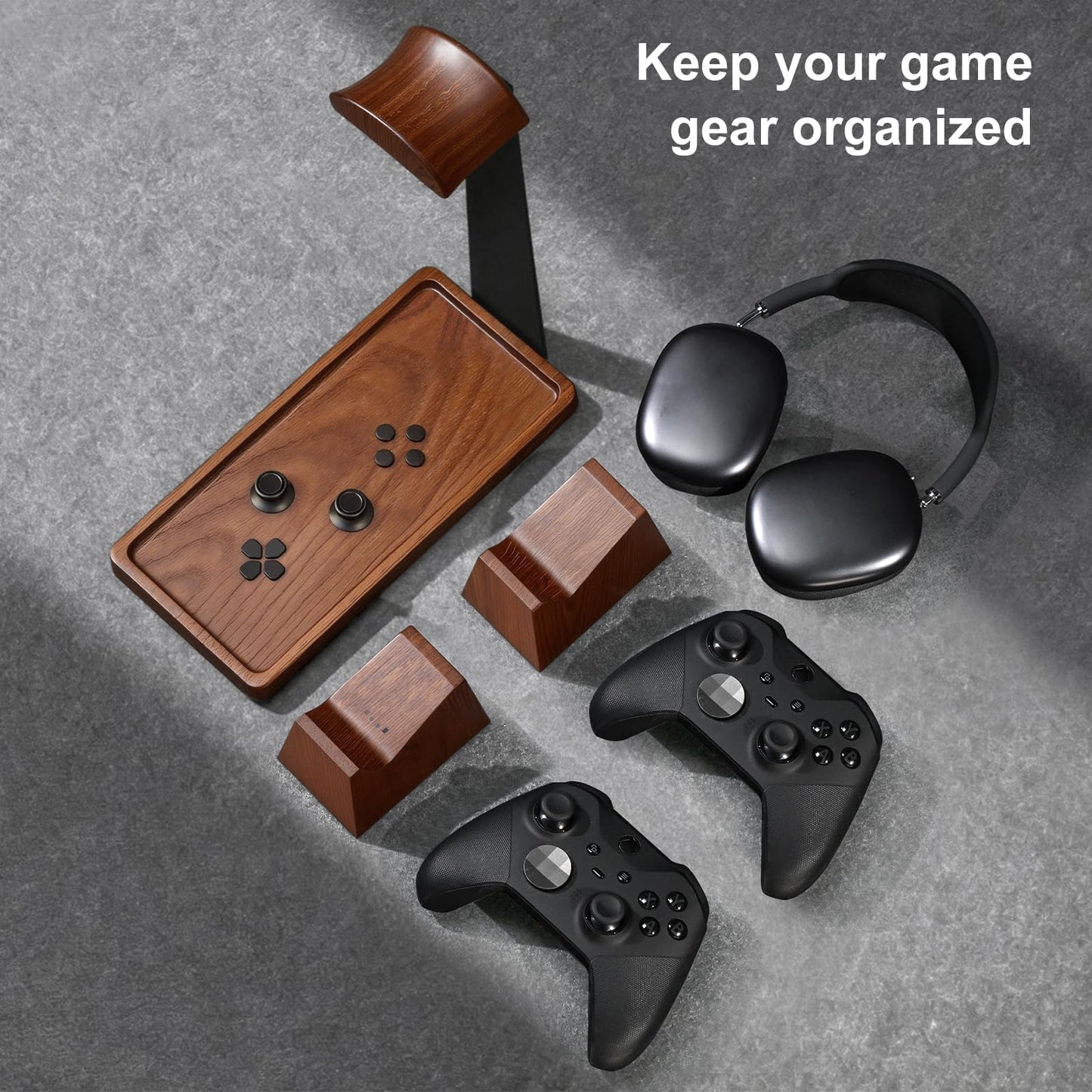 UPERGO Headset Stand with 2 Controller Holders - Solid Wood & Metal Gaming Headphone Holder for Switch, Controllers, and Desk Accessories (Wood)