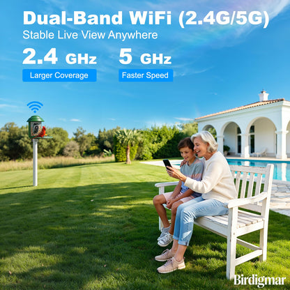 Birdigmar Bird Feeder with Camera,2.4G/5G Dual Band WiFi Smart Solar Power, AI Identification & 2.5K Ultra HD Video,Wireless Outdoor Bird Watching Feeder,Weatherproof, ldeal Gift for Bird Lovers,Green