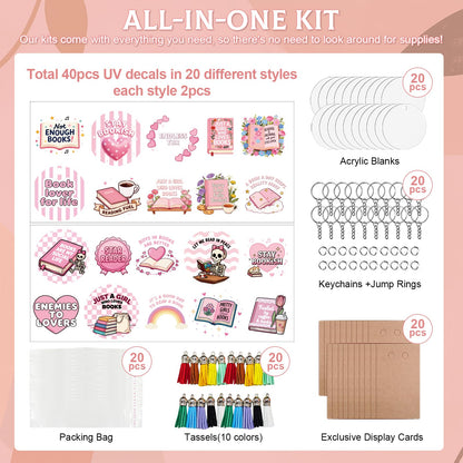 GLASSWINDS 140 PCS Acrylic Keychain Blank Set, 20 Style Double-Sided Book Theme UV DTF Stickers Discs Tassels Jump Rings, Acrylic Keychain Making Kit for DIY Crafts Vinyl Employee Appreciation Gift