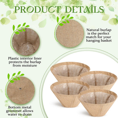 Novabright 4 Pack Round Burlap Liners with Drainage Hole and Plastic Interior Liner 14 Inch Rustic Burlap Planter Liner for 14" Diameter Hanging Baskets