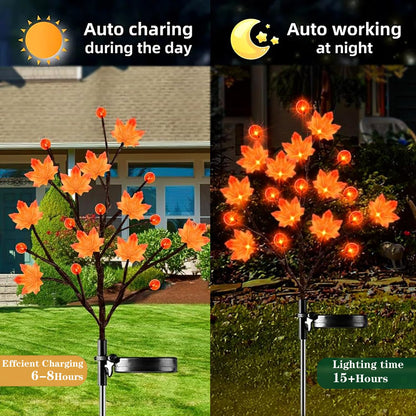 2 Pack 40LED Solar Outdoor Maple Leaf Lights for Fall Decor-3D Maple Pumpkin Thanksgiving Lights with 2 Modes | Waterproof Solar Garden Lights for Yard, Pathway, Halloween, Christmas Decorations