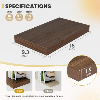 Acovy 16 Inch Floating Shelves, 9.3" Deep Floating Shelf Wall Mounted, 16" Wall Shelves, Rustic Deep Bookshelf, Large Display Shelves & Storage Shelves for Bedroom, Living Room, Walnut, Set of 2