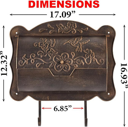 Wall Mount Mailbox with Newspaper Holder, Metal Wall Mailboxes for Outside, Vintage Decorative Front Porch Mail Box Wall Mounted, Horizontal Outdoor Mailbox with Hummingbird Accent, 17" x 5" x 17"