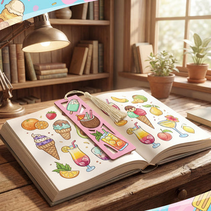 Yexiya 200 Pcs Ice Cream Color Your Own Bookmarks Kit, Summer DIY Coloring Blank Wooden Bookmarks, 100 Set Unfinished Bulk Hollow with Tassel Craft for Classroom Activities Birthday Party Favors Gift
