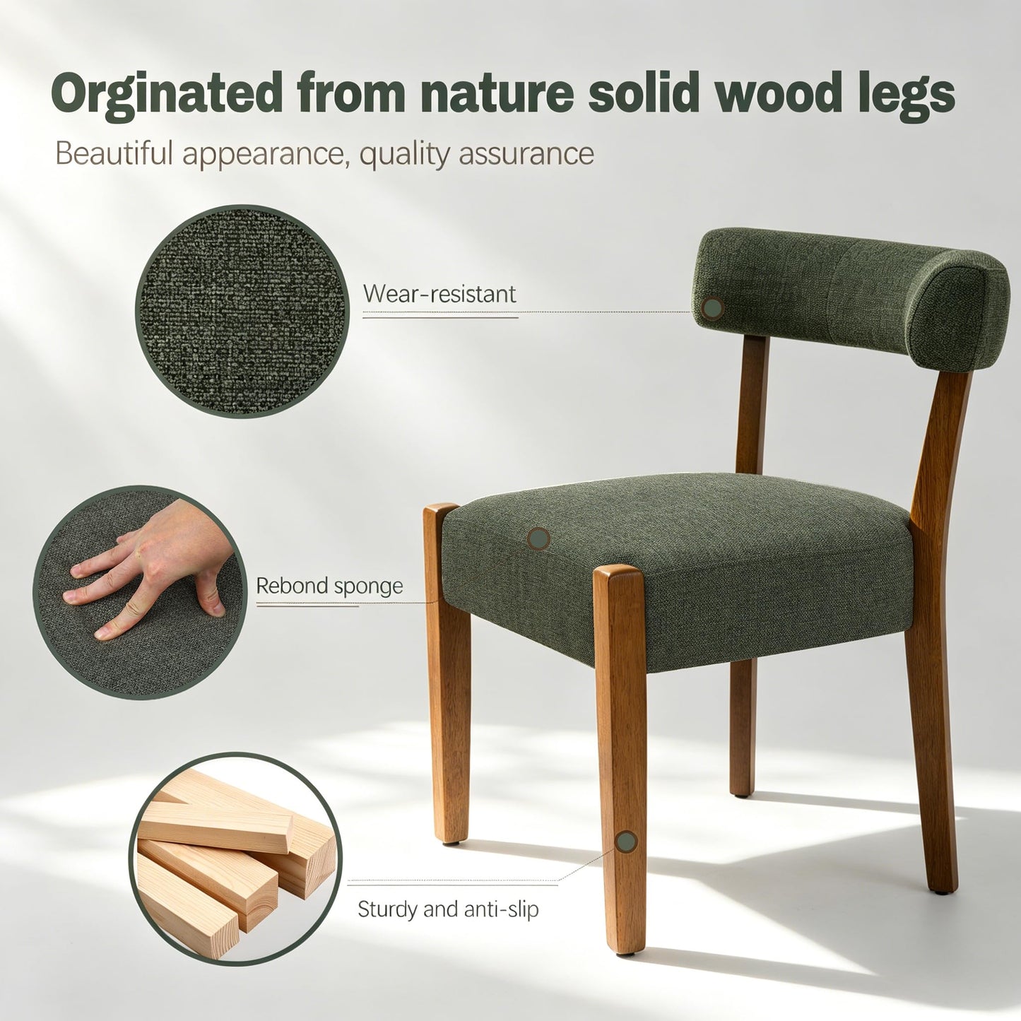 RNKSFX Upholstered Green Dining Chairs Set of 4, Walnut Wooden Kitchen & Dining Room Chairs, Mid Century Modern Fabric Farmhouse Dining Chairs Oversized Sturdy Rounded Chairs Curved Back
