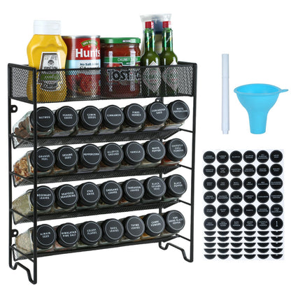 Spice Rack Organizer with 28 Spice Jars, Black Lids，Spice Labels, Chalk pen and Funnel Set for Cabinet, Countertop, Pantry, Cupboard or Wall Mount