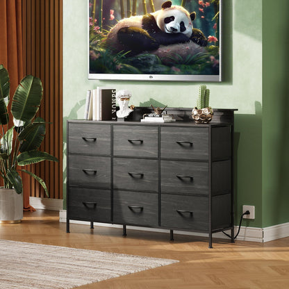 WLIVE Black Dresser TV Stand for 45, 50, 55 inch TV, Entertainment Center with LED Lights & Charging Station, Chest of drawers with 9 Fabric Drawers and Open Shelves for Living Room, Hallway, Wood Top
