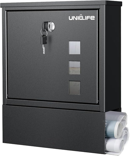 Uniclife Wall Mount Mailbox, Mailboxes for Outside, Large Modern Mail Box with Key Lock, Security Locking Drop Box for Newspaper House Office Outdoor, Black