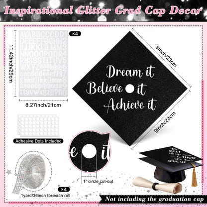 Dunzoom Black 16 Pcs Graduation Cap Decorations Kit Glitter DIY Cardstock Paper Letter Sticker for Graduation Hat Topper