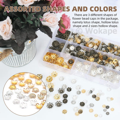 Wokape 2100Pcs 4 Sizes Flower Bead Caps Spacers Assortment Kit for Jewelry Making, Hollow Filigree Beads End Caps Jewelry Findings Accessories