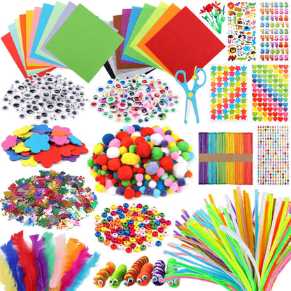 DOITEM Pipe Cleaners Craft Supplies, 1500+Pcs Arts and Crafts Supplies Including Pipe Cleaner Wiggle Googly Eyes Pom Poms Feathers Sticks Sequins Foam Flowers Papers Felt Stickers