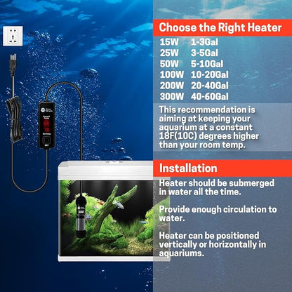 AquaMiracle Upgraded 25W Small Aquarium Heater Fish Tank Heater Turtle Heater Super Mini Aquarium Heater, Dry-Run/Overheating Protection and Memory Function, Dual LED Display, for 3-5 Gal Tanks