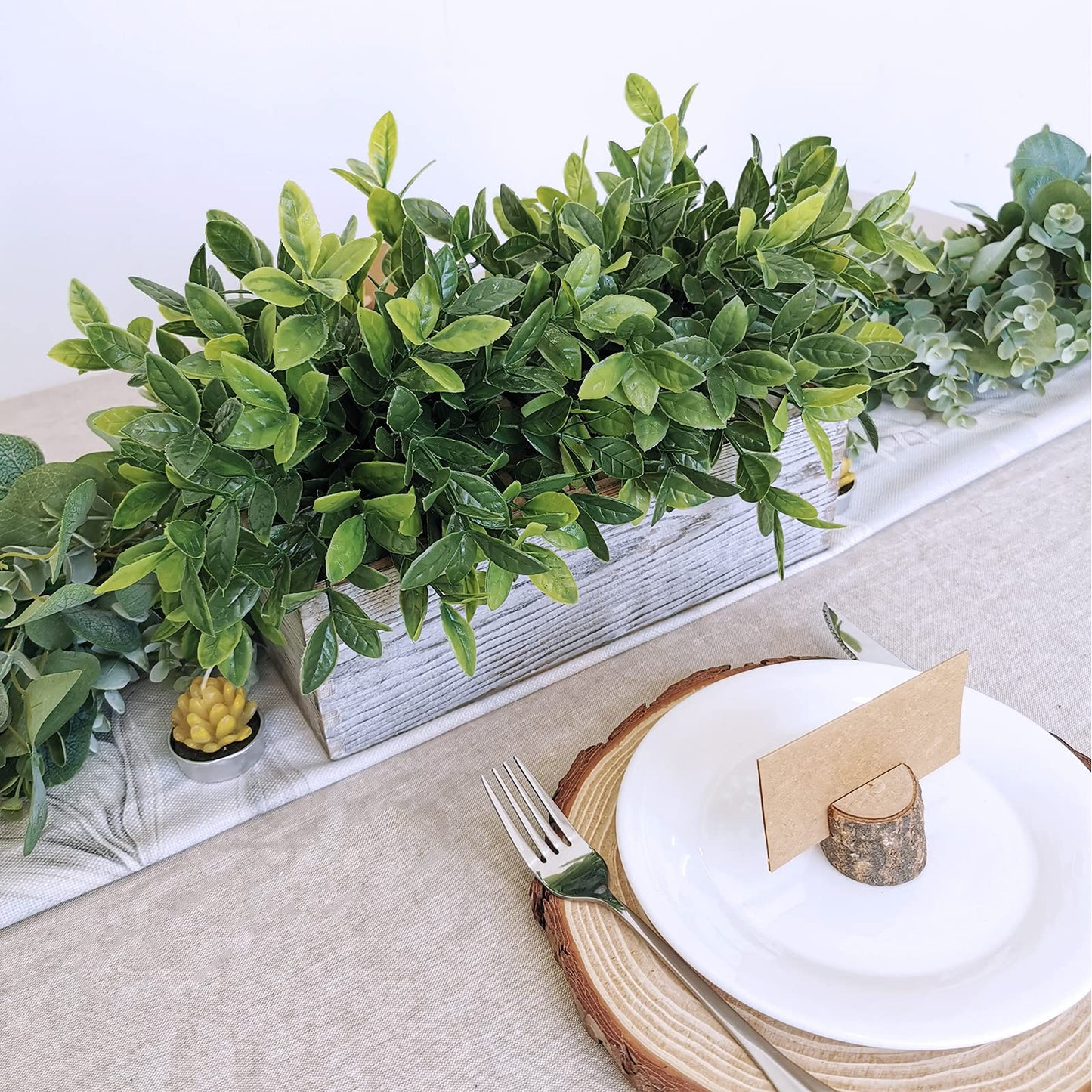Winlyn Artificial Eucalyptus Plant in Rustic Rectangular Wooden Planter Box Faux Potted Herb Plant Greenery Arrangement for Farmhouse Indoor Wedding Table Centerpiece Mantel Shelf Kitchen Decor