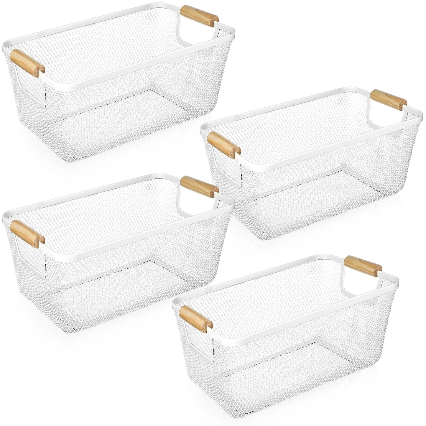 Ziliny 4 Pcs Metal Mesh Wire Baskets with Wooden Handles for Organizing, Pantry Organizers and Storage Steel Bin Kitchen Baskets for Fruit Potato Onion Snacks Bathroom Cabinet(Medium,Cream White)