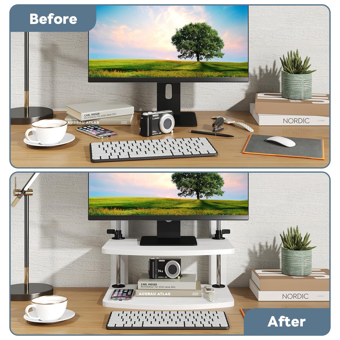 WikrOck 15.6 14 13.3 Inch Laptop Computer Monitor Stand Riser for Reduced Neck Strain, Adjustable Height Desk Shelf Organizer Monitor Riser Stand for PC Monitor Laptop - Withe - Wood Grain, MR01-L