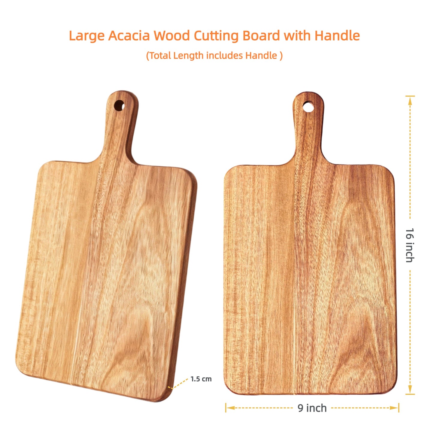 ZeQi Acacia Wood Cutting Board with Handle 16''x9'' / Charcuterie Board/Serving Board/Cheese, Bread, Vegetables & Fruits Serving Board (Rectangular-16x9)