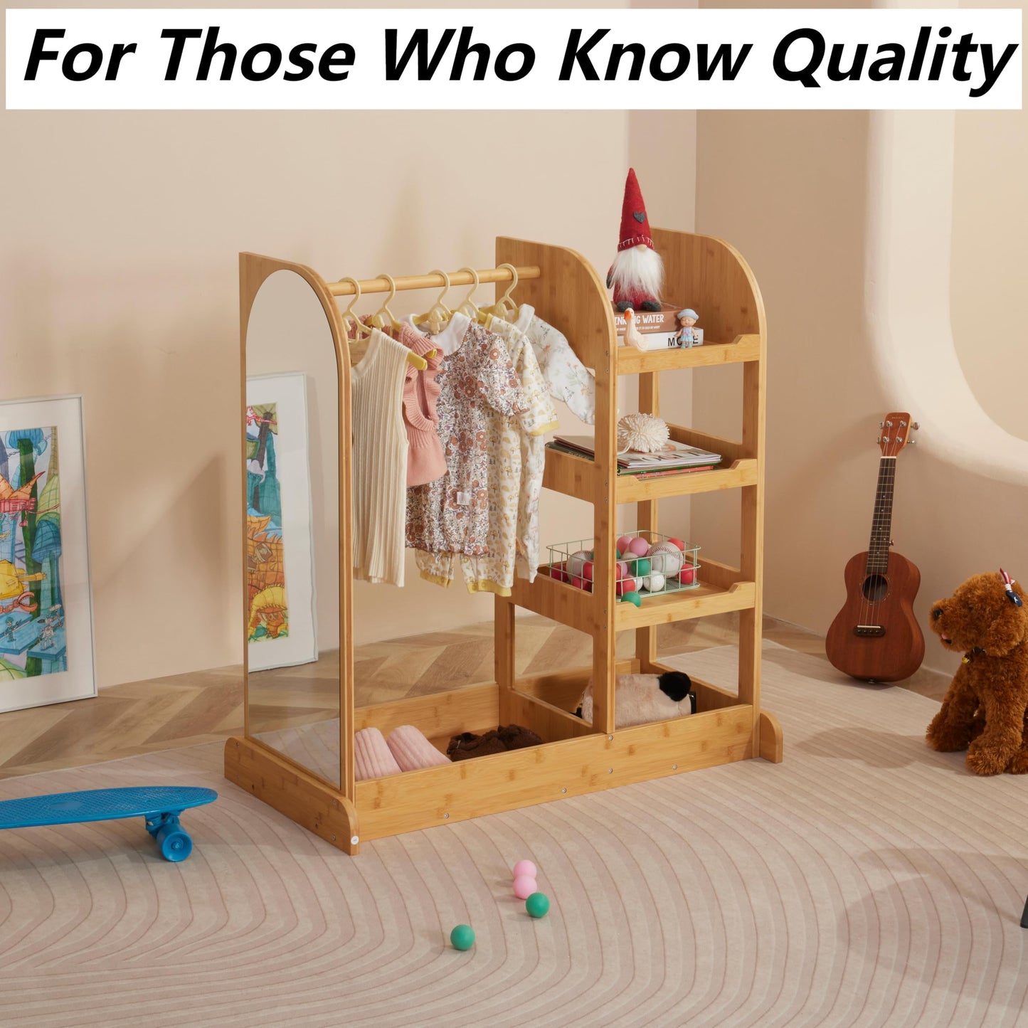 NAVREX Kids Dress Up Storage Wardrobe, Dress-up Center with Mirror, Kids Armoire with Hanging Rack, Solid Wood Costume, Gift for 3-6 Years Old Girls, Pretend Play Toy Organizer, Value Lies in Material
