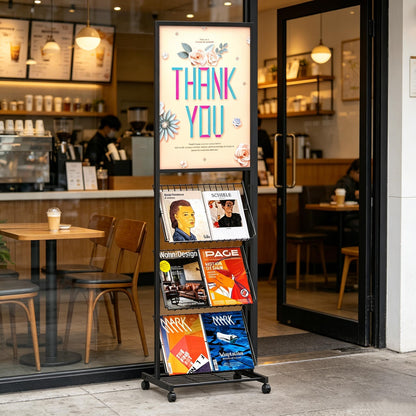 lesolar Floor-Standing Magazine Rack with Poster Board Stand, 4-tier Metal Magazine Rack with Wheels, Newspaper Holder, Book Brochure Display Stand, Poster Sign Holder for Exhibitions Store Business
