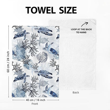 Blue Nautical Seahorse Corals Sea Turtle Kitchen Dish Towels Decorative Set of 4