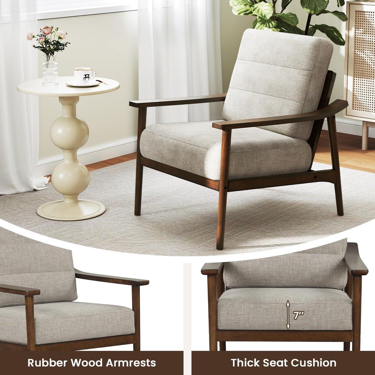 Giantex Mid Century Modern Accent Chair, Max Load 440 LBS Upholstered Living Room Chair with Rubber Wood Armrests & Legs, Removable Back Cushion, Comfy Reading Arm Chair for Living Room, Bedroom