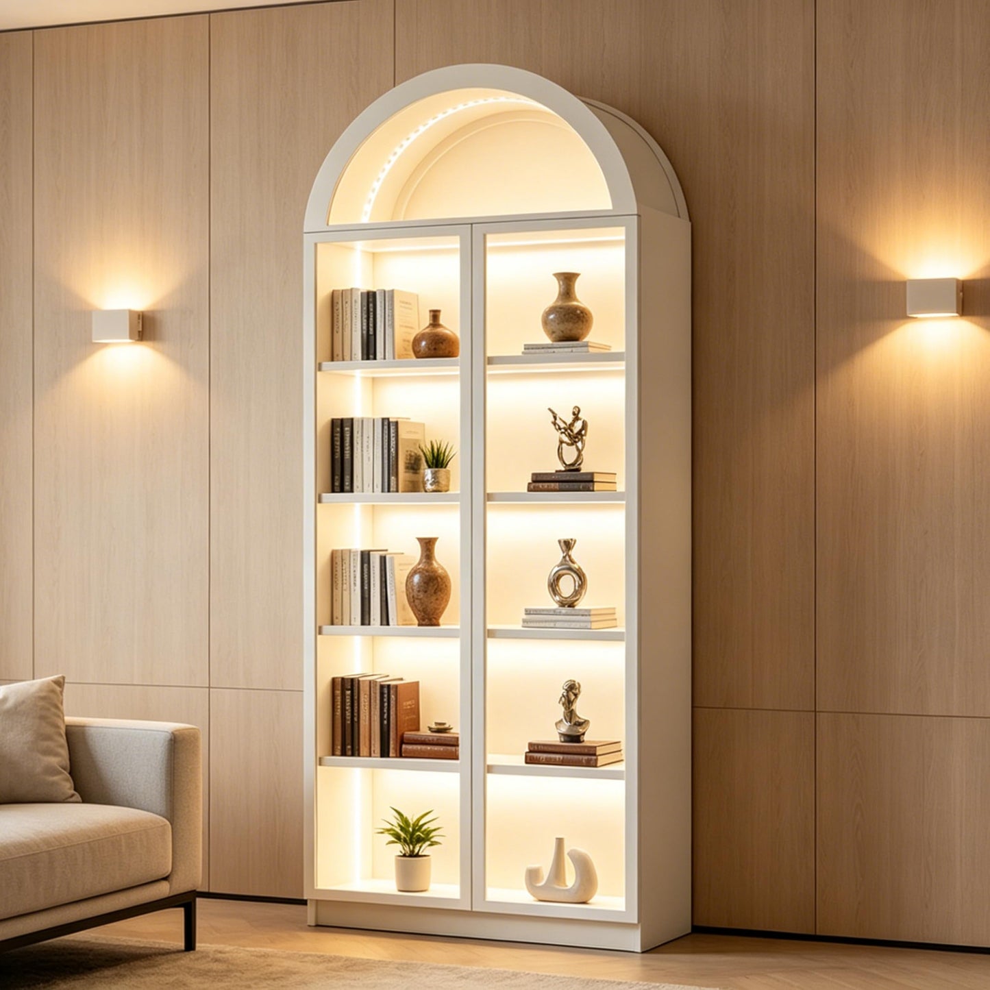 Wildhome Wooden Curio Cabinet with Acrylic Glass Door,77" Tall Arch Display Cabinet & Perfume Organizer with LED Light,Showcase for Collections, Perfume,Vinyl Albums, Bookcase(Arched top-White, Large)