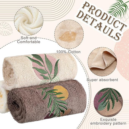 3 Pack Boho Leaves Hand Towels for Bathroom 100% Cotton Embroidered Bathroom
