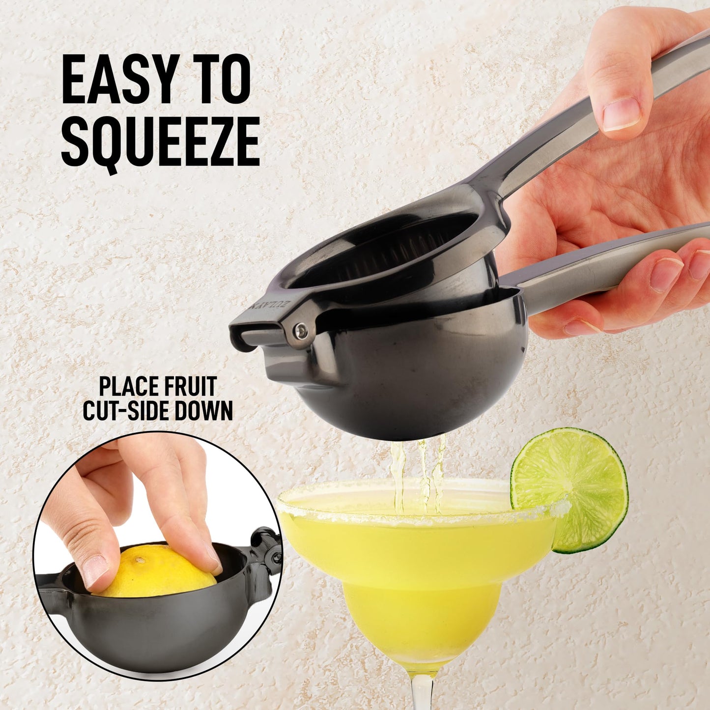 Zulay Lemon Squeezer Stainless Steel with Premium Heavy Duty Solid Metal Squeezer Bowl (Black Grip, Large)