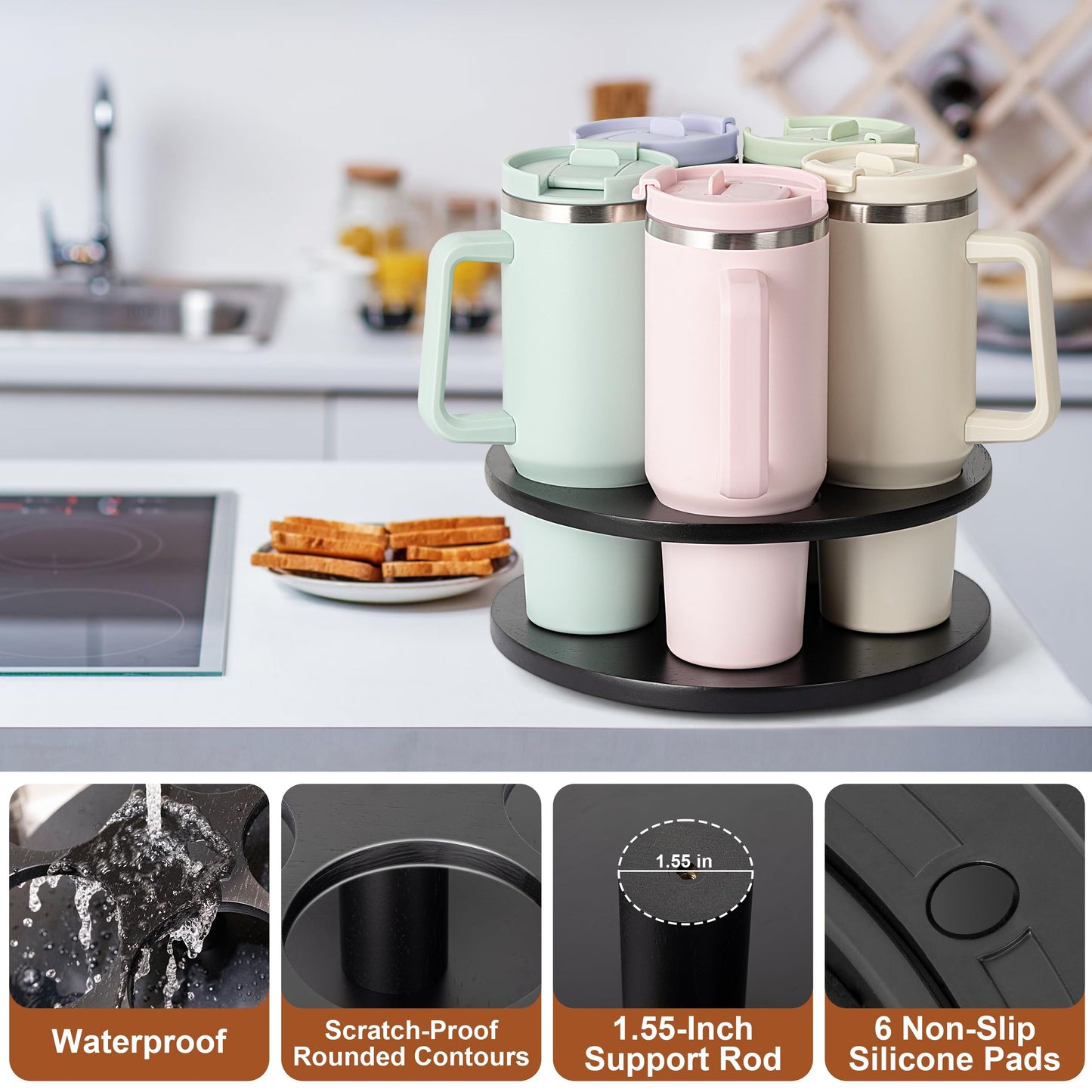 MyLifeUNIT Tumbler Organizer, 360° Rotating Water Bottle Organizer for Stanley Cups 40oz/30oz/20oz, Wooden Stanley Cup Holder for Cabinet Storage (Black)