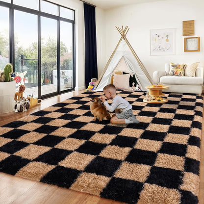 PIPABOBO Checkered Rug 4x6 for Bedroom, Fluffy Plush Area Rug Non Slip, Modern Indoor Shag Rugs for Living Room Girls Kids Room Nursery Dorm Home Decor, Black and Beige