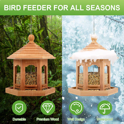 Liawm Wooden Bird Feeder for Outdoors Hanging, Red Cedar Hexagon Shaped Large Capacity, Cardinal Birdfeeder for Garden Decoration Yard, Weatherproof and Durable(Medium)